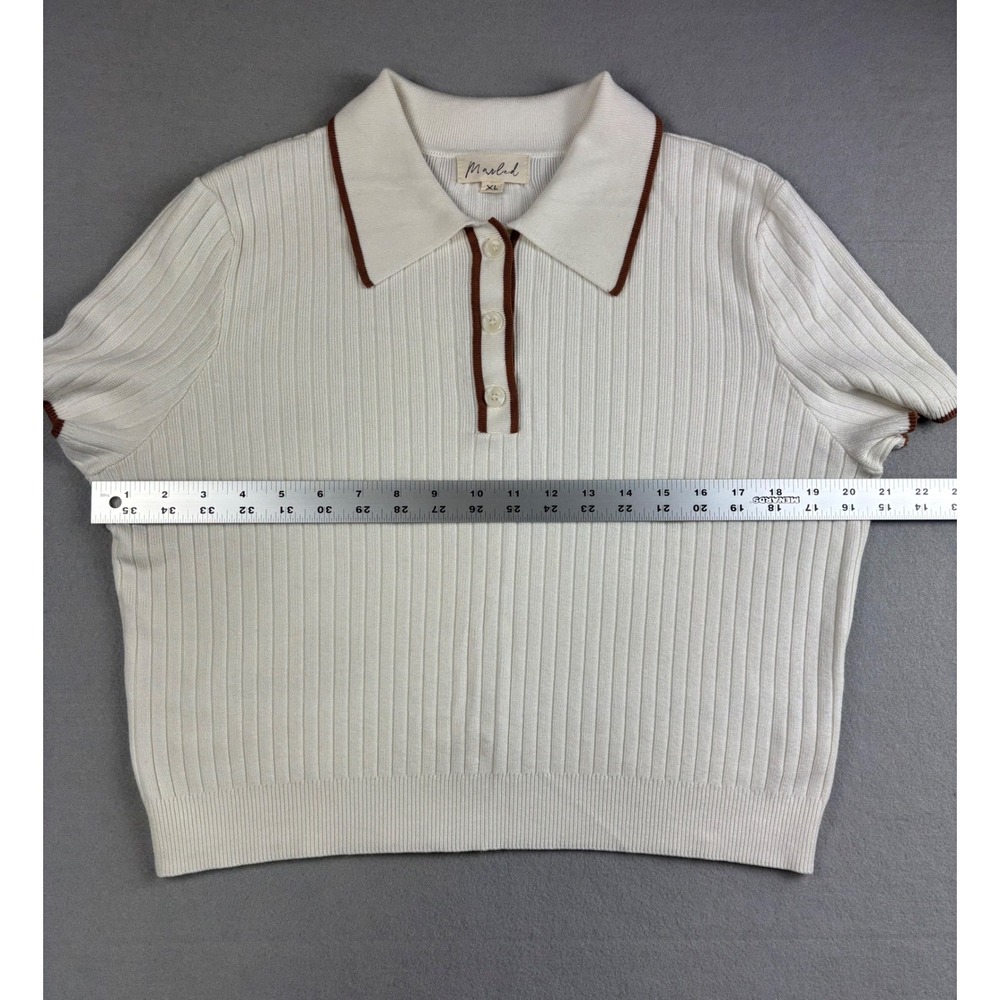 Marled 2 Piece Skirt Set XL White Ribbed Knit Polo Top Midi Skirt Cream Co-ord - Picture 12 of 14